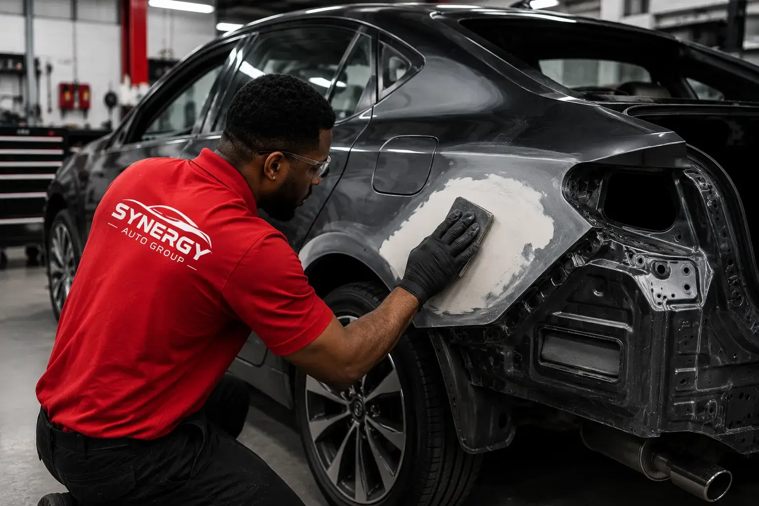 Technician performing auto body repair on a damaged vehicle in West Palm Beach