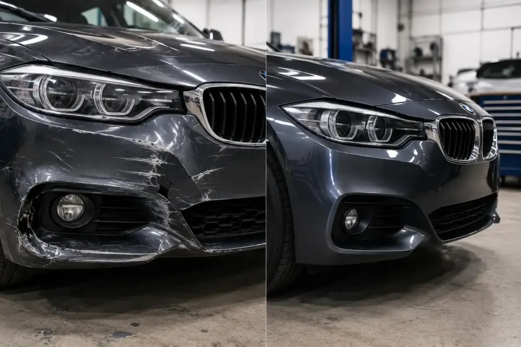 Vehicle receiving professional bumper repair in West Palm Beach