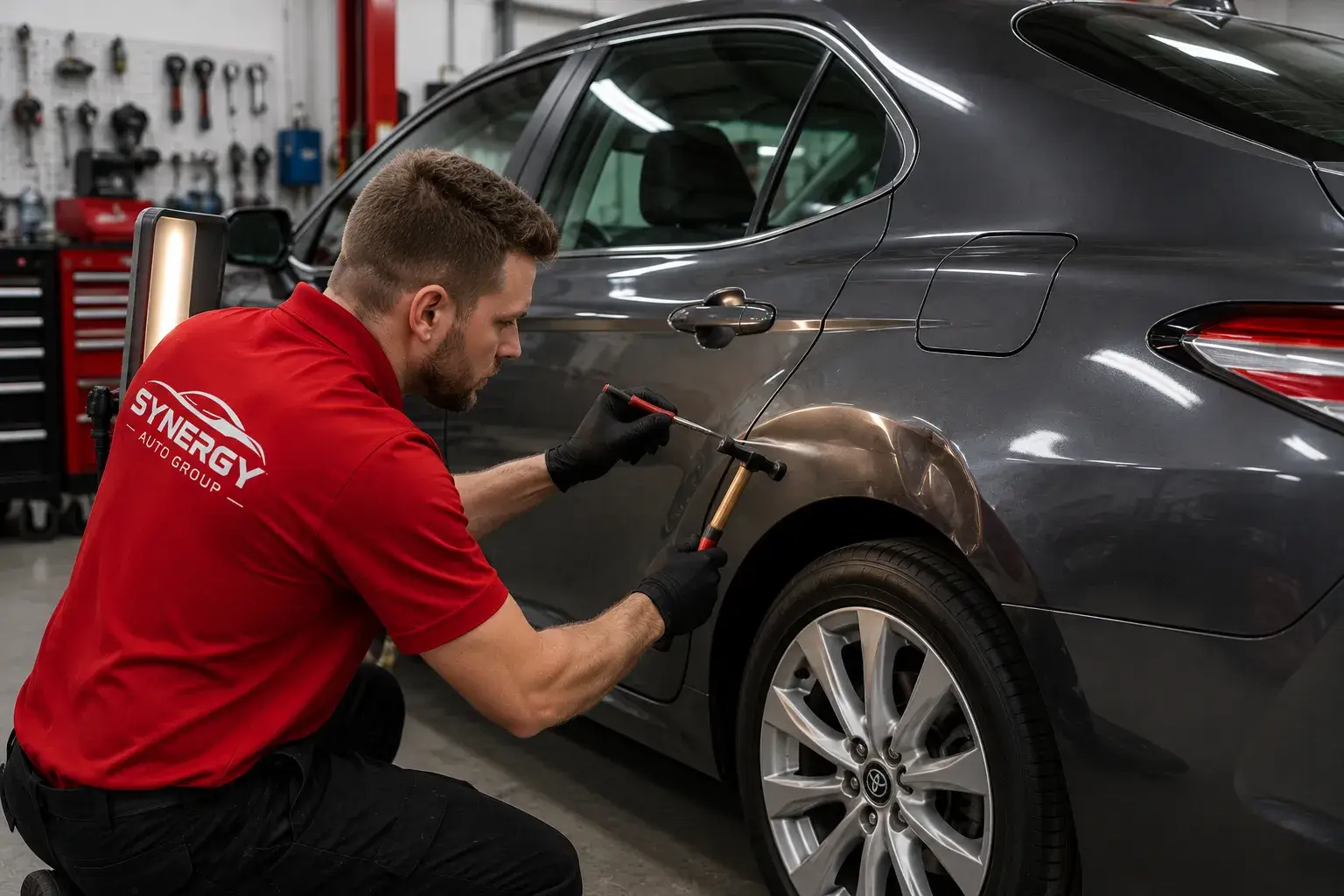 Technician repairing a vehicle dent at an auto body shop in West Palm Beach