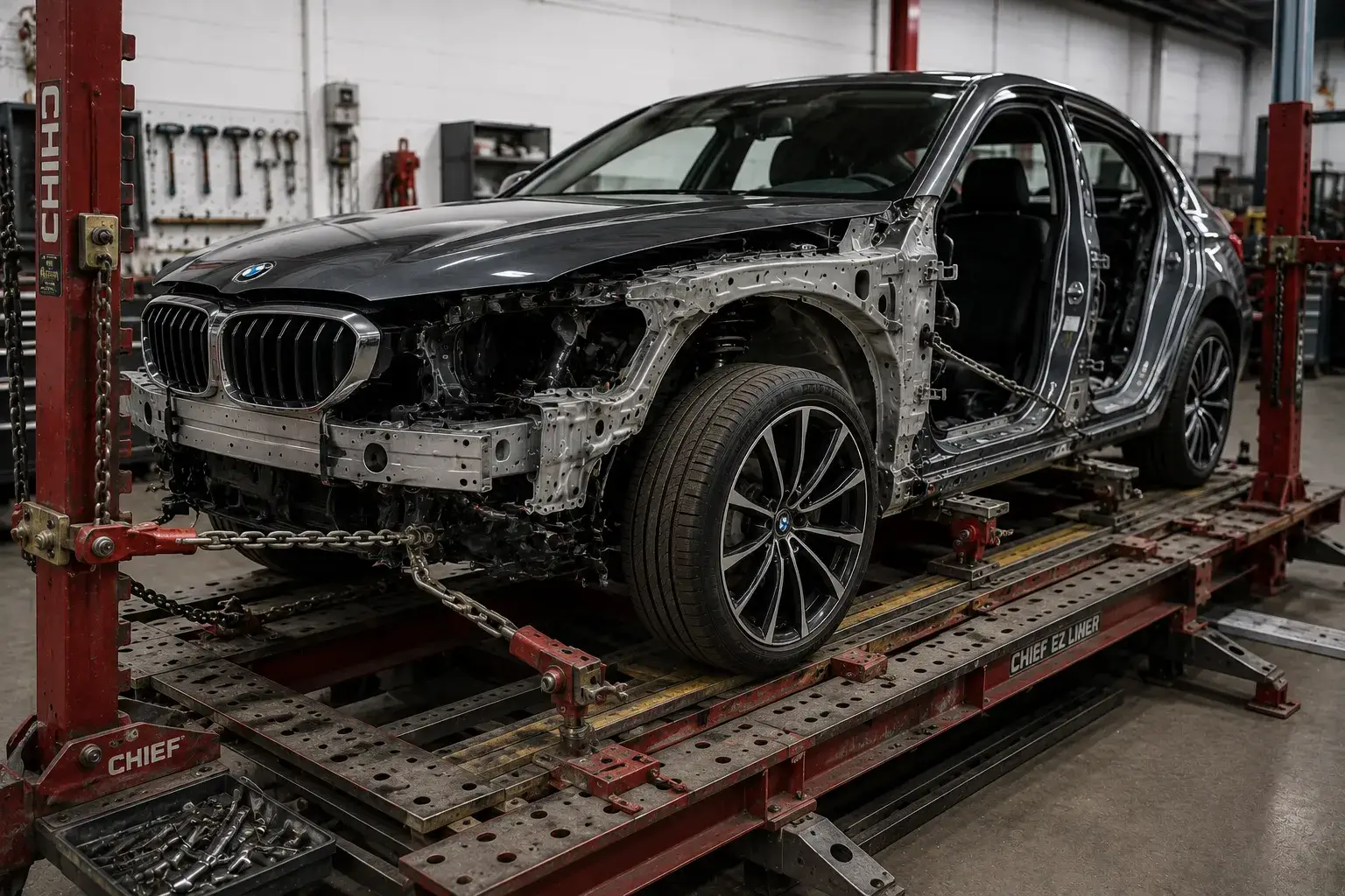 Damaged vehicle undergoing frame and structural repair in West Palm Beach