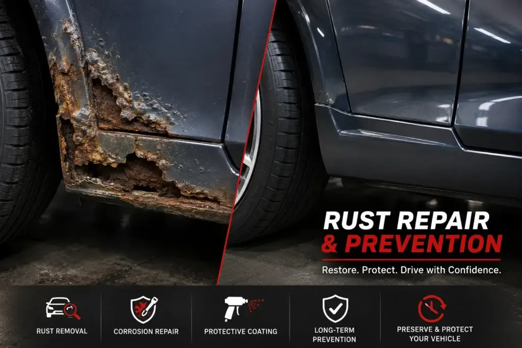 Vehicle with body rust requiring rust repair and corrosion treatment