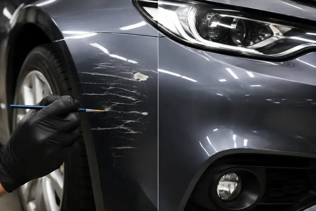 Vehicle with scratches and paint damage before repair in West Palm Beach