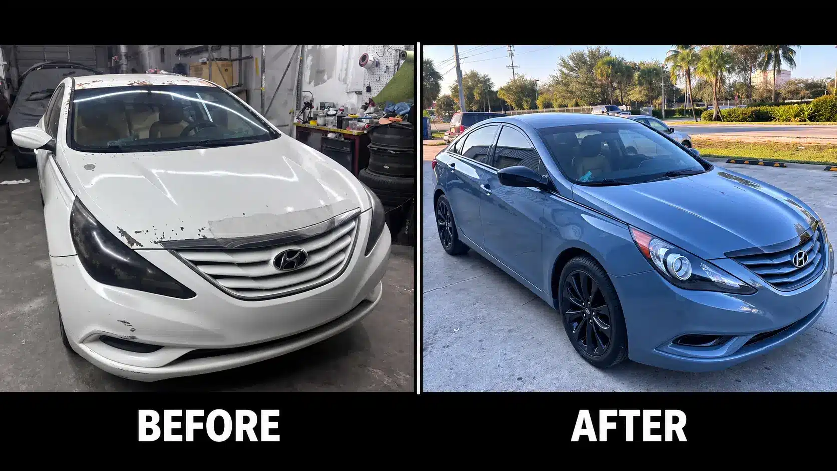White hyundai before after auto paint at Synergy Auto Group in West Palm Beach