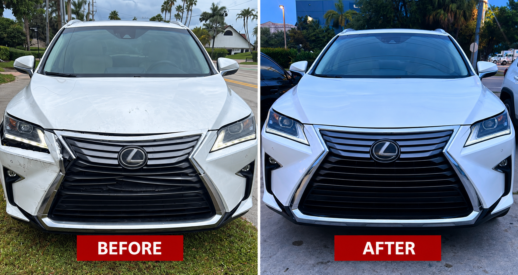White Lexus before and after bumper repair at Synergy Auto Group in West Palm Beach